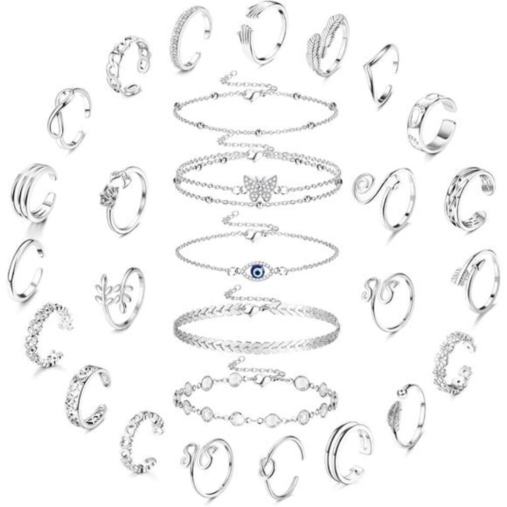 27 Piece Adjustable Silver Toe Ring & Anklet Set – Stylish for Beach Vibes Boho